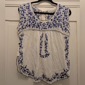 Rory Becca White/Blue Bohemian Embroidered Cotton Top- S